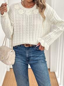 SHEIN LUNE Women Spring And Summer Casual Solid Color Sweater With Three-Dimensional Flowers, Knit Pullover Fall Winter - Beige - View 3