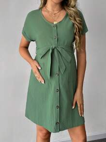 SHEIN Váy sơ mi ngắn tay cổ chữ V dành cho bà bầu - xanh quân đội - Xem 4