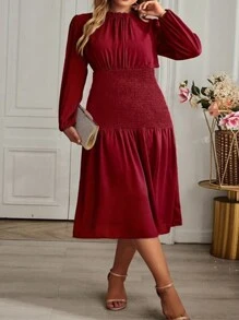 SHEIN Clasi Plus Frill Trim Split Thigh Dress For Holiday Fall Cloth For Women - Burgundy - View 6