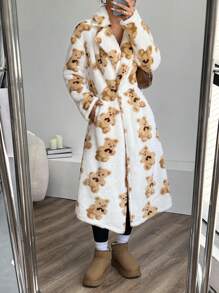 Muchica 全印花毛绒熊领口袋长袖长款开衫夹克 - 彩色 - 查看 1