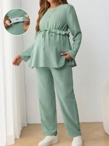 SHEIN 孕婦休閒圓領長袖T恤，帶有可調整彈性腰帶，2入組 - 綠色 - 查看 5