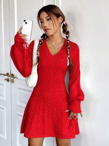 SHEIN EZwear Women's Solid Color Minimalist V-Neck Long Sleeve Sweater Dress - Red - View 4
