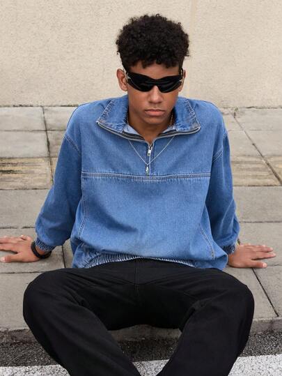 SHEIN Teen Boy Casual Fashionable Soft And Comfortable Mix Cool Lapel Long Sleeve Elastic Hem And Cuffs Blue Denim Design Jacket Tops For Dailywear And Back To School Boys Clothes