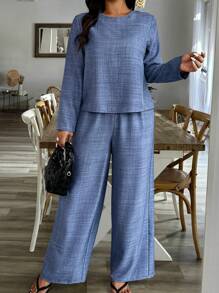 SHEIN Clasi 2 piezas Conjunto de top de manga larga con lazo y pantalones de talla grande - Azul - Ver 2