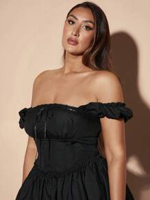 SHEIN BAE Modern Corsets For Plus Size Women Penelope Preto Summer Sweet Date One-Shoulder Puff Mini Dress - Black - View 7