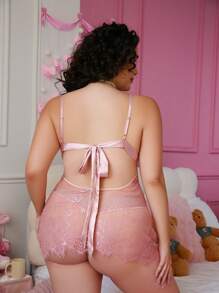 PetitDoll Plus Size Sheer Lace Sexy Nightgown Set - Pink - View 2