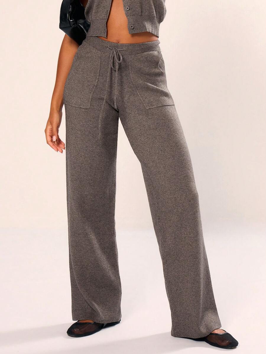 MUSERA Knitted Large Pocket Detail Tie Waist Trousers Wide Leg Old Money Summer Beach Airport Fall Back To School Autumn Winter Everyday Christmas Work Office Thanksgiving Chic