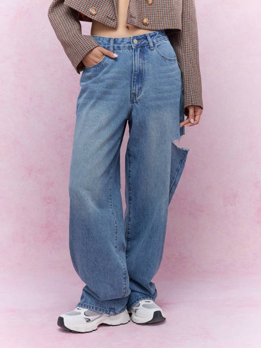 MISSGUIDED 洗水侧破洞直筒牛仔裤