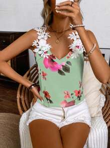 SHEIN LUNE Ladies Flower Print Sleeveless Tank Top With Shoulder Ruffle Detail