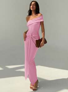 Aloruh Robe moulante à fente haute avec décor torsadé à la taille et épaules dénudées élégante - Rose bonbon - Voir 4