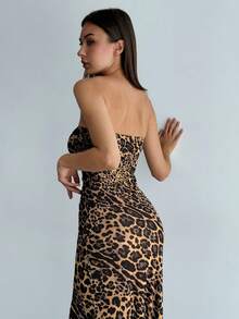 Aloruh 优雅性感豹纹高开叉露背无袖度假/派对修身连衣裙，春夏 - 彩色 - 查看 2