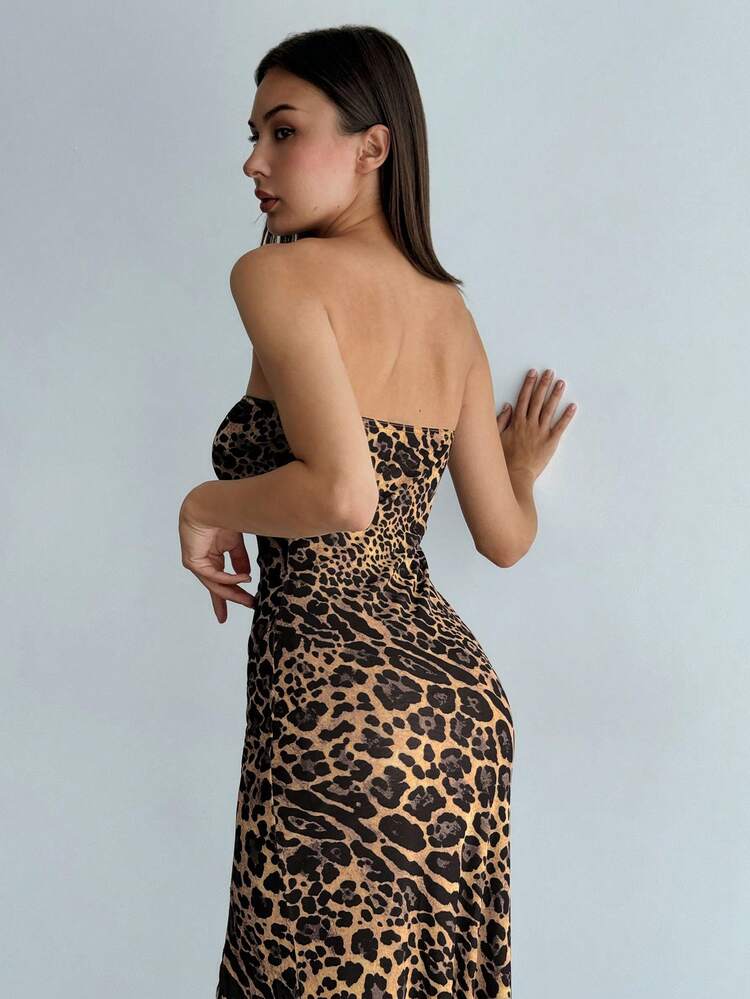 Aloruh 优雅性感豹纹高开叉露背无袖度假/派对修身连衣裙，春夏 - 彩色 - 查看 2