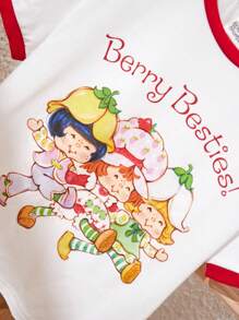 Strawberry Shortcake X SHEIN Camiseta de Manga Curta com Estampa de Morango e Desenho Animado para Meninas Adolescentes com Detalhe de Contraste