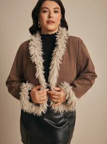 Elaquor Jachetă Fuzzy Patchwork de mărimi mari, toamnă/iarnă - Cămilă - Vizualizare 3