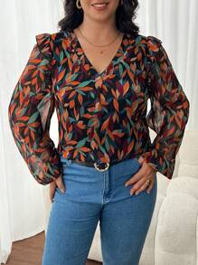 SHEIN Frenchy Blusa de manga larga con estampado floral sencillo para mujer talla grande, camisa de mujer de otoño, ropa de mujer de otoño, blusa elegante, camisa de otoño, camisa de manga larga, estampado de hojas, atuendo para citas para mujeres, atuendo para fiestas para mujeres - Multicolor - Ver 6