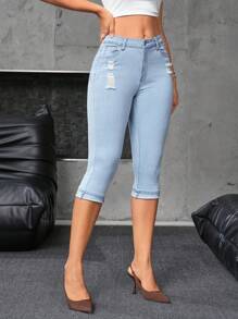 SHEIN Essnce Women's Pocketed Ripped Metal Trim Cropped Casual Jeans - Light Wash - View 3