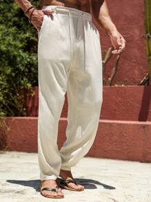 Manfinity RSRT Pantalones de lino lisos y casuales de color blanco con cordón para hombre, pantalones holgados y afinados para vacaciones largas, para papá y esposo, regalos para novio, para otoño - Beis - Ver 6