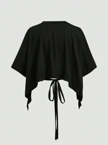 Maweii 大码女式纯色简约休闲系带圆领 T 恤 - 黑色 - 查看 5