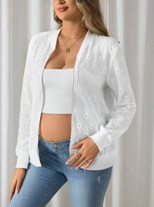 SHEIN 孕妇春秋纯色棒球长袖宽松休闲夹克，适合孕妇 - 白色 - 查看 3