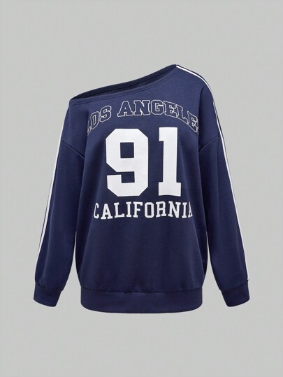 Street Life Y2K Style Casual Girls Graphic Printed Asymmetric Shoulder Loose Sweatshirt