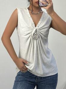 SHEIN Frenchy Blusa sin mangas de unicolor simple con cuello de volantes, corsé, ropa interior para mujer de otoño, blusa de lino, blusa para mujer de dinero antiguo