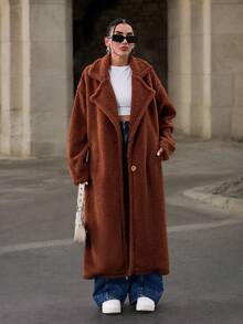 EURMUSE Women's Brown Long Teddy Jacket - Brown - View 3