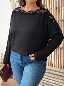 SHEIN LUNE Plus Size Women Black Spring And Summer Splicing Lace Long Sleeve Elegant T-Shirt