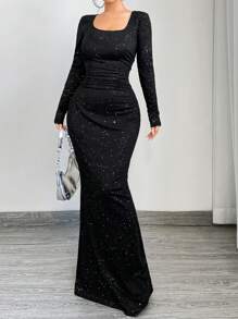 SHEIN SXY Elegant Luxury Cinched Waist Comfortable Fitted Sparkly Square Neck Long Sleeve Dress For Dates, Gatherings, Birthdays, Parties