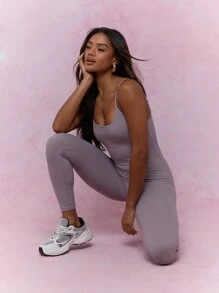 MISSGUIDED Jersey Scoop Back Cami Fitted Sports Unitard - Dusty Purple - View 5