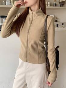 DAZY 女士纯色立领修身长袖拉链外套，秋季女装，保暖内衬 - 卡其色 - 查看 5