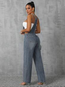 SHEIN SXY Peto vaquero desgastado informal con cremallera - Azul - Ver 2