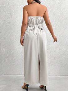 SHEIN Privé Plus Size Elegant Tie-Waist Blazer & Extra Long Slit Hem Midi Skirt 2Pcs Suit, Apricot