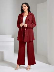 Graceveil 勃艮第红 2 件套女士纯色简约日常长袖上衣和裤子休闲通勤套装适中 - 酒紅色 - 查看 3