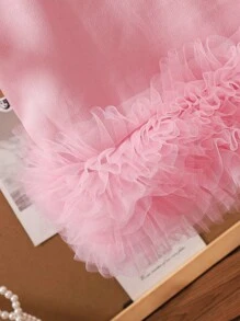 女婴休闲网眼撞色吊带连衣裙配长袖衬衫套装，春秋装 - 粉色 - 查看 4