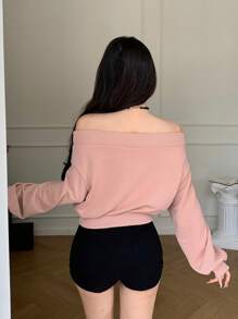 DAZY Autumn/Winter Off Shoulder Sweatshirt With Embroidered Letter, Street Style, Thermal Lined, Suitable For Valentine's Day - Pink - View 5