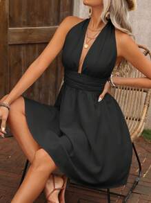 Calvaya Women's Sexy Backless Halter Solid Color Vacation Dress