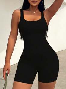 Sirith Women Summer Fall Casual Seamless Knit Solid Color Sports Outdoor Tight Romper Unitard Jumpsuit