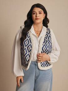 Elaquor Plus Size Women's Retro White Eclectic Hiking Printed Plush Sleeveless Jacket,Blue Flannel Fleece Waistcoat,National Wind Simple Vest,Warm Fall/Winter - Multicolor - View 2