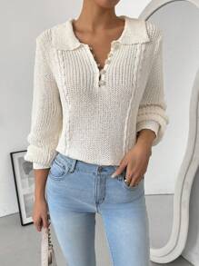 SHEIN LUNE Women's Casual Solid Color Long Sleeve Pullover Sweater, Spring/Autumn, Knit Pullover Fall Winter - Apricot - View 5