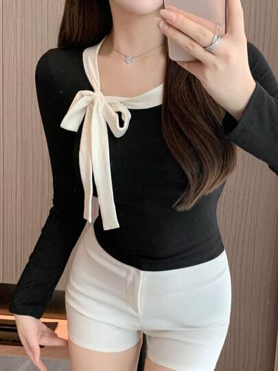 DAZY Women Color Block Lace-Up Collar Long Sleeve T-Shirt,Back To School Clothes