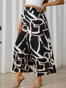 SHEIN Maternity High Waist Wide Leg Random Print Pants - Black - View 1