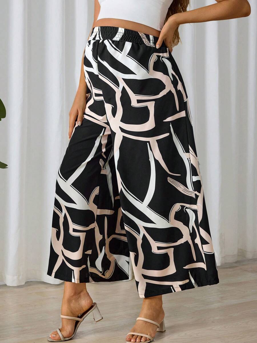 SHEIN Maternity High Waist Wide Leg Random Print Pants - Black - View 1