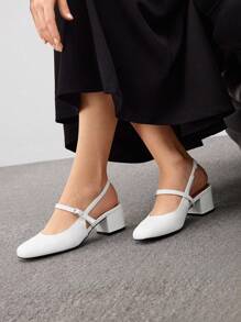 CUCCOO BIZCHIC Woman Shoes Square Toe Buckle Decor Chunky Heeled Elegant White Slingbacks For Summer Graduation Heels Prom Heels Vacation Shoes Summer Elegant Basics Business Casual Business Chic Spring Shoes Spring Break Easter