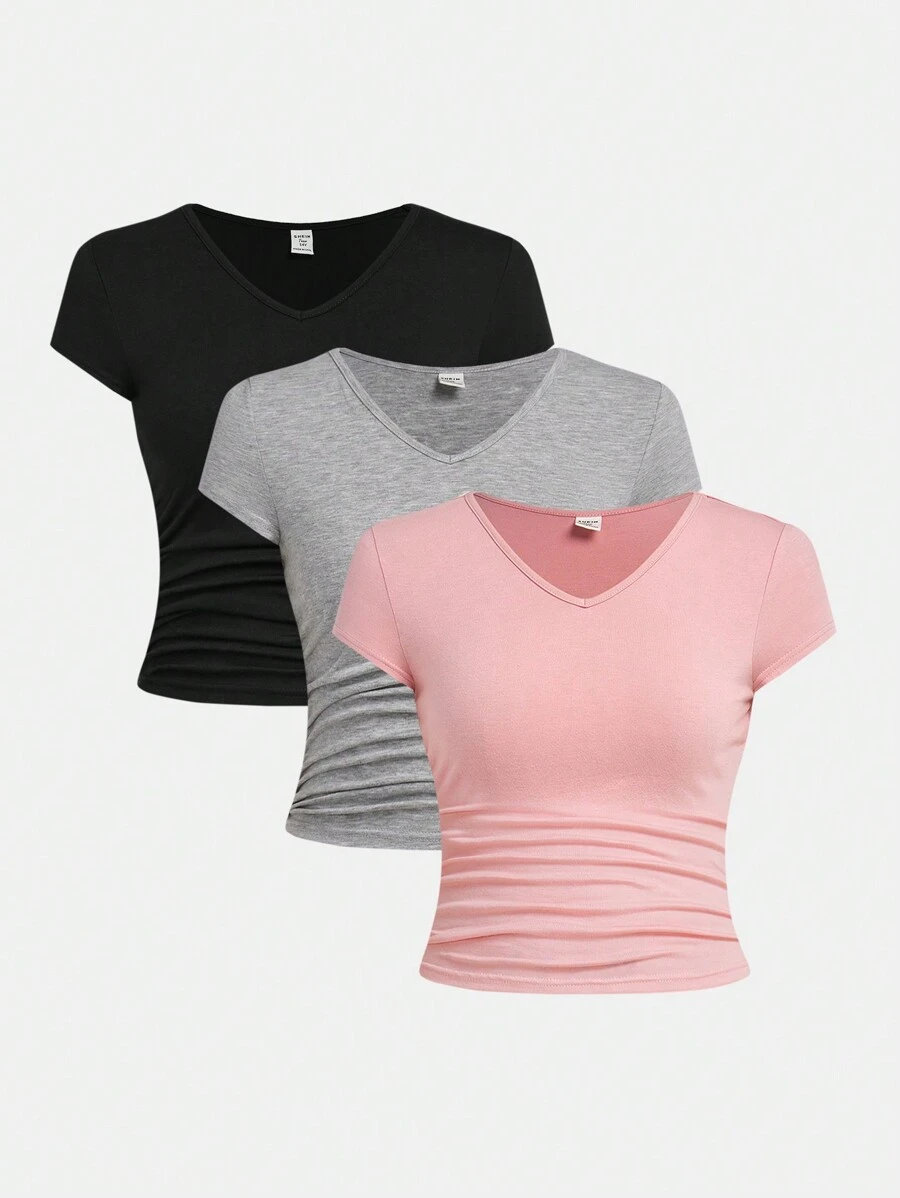 SHEIN Girlism 3 件套青少年女孩 V 领褶皱短袖纯色 T 恤