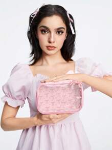 ROMWE Kawaii Bolsa de almacenamiento cuadrada transparente, linda y de dibujos animados, para cosméticos y artículos de tocador en color rosa - Rosa - Ver 6