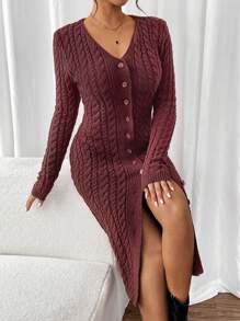 Chiquease Damen Einfarbiges Pulloverkleid mit V-Ausschnitt und Knöpfen vorne, Langarm - Kaffeebraun - Übersicht 4