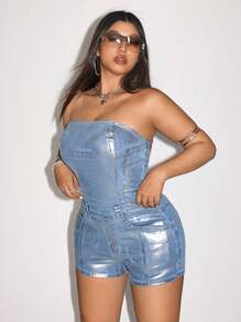 SHEIN ICON Plus Size Ladies Summer Silver Denim Tube Top Fashion Romper - Light Wash - View 3