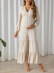 SHEIN Women's Solid Color Simple Daily V-Neck Long Sleeve Jumpsuit, For Maternity - Apricot - View 6
