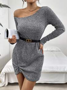 SHEIN Essnce 女士纯色休闲长袖迷你连衣裙 秋季连衣裙 女式工作连衣裙 返校节连衣裙 秋季女式连衣裙 冬季连衣裙 秋季女装 圣诞连衣裙 万圣节女式狂欢节服装 法兰绒女装 秋季女装 长袖女士露肩长袖 - 深灰色 - 查看 6