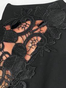 SHEIN LUNE Plus Size Women Black Spring And Summer Splicing Lace Long Sleeve Elegant T-Shirt